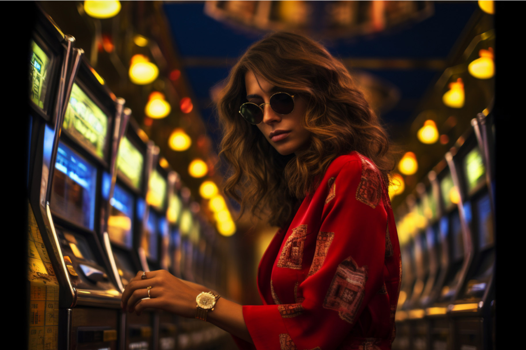 Woman with sunglasses in front of slot machines