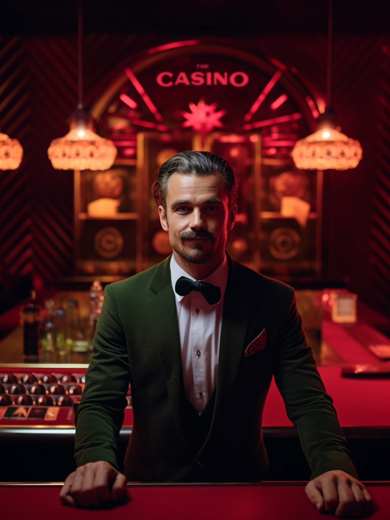 Man with bow tie standing in front of Casino sign