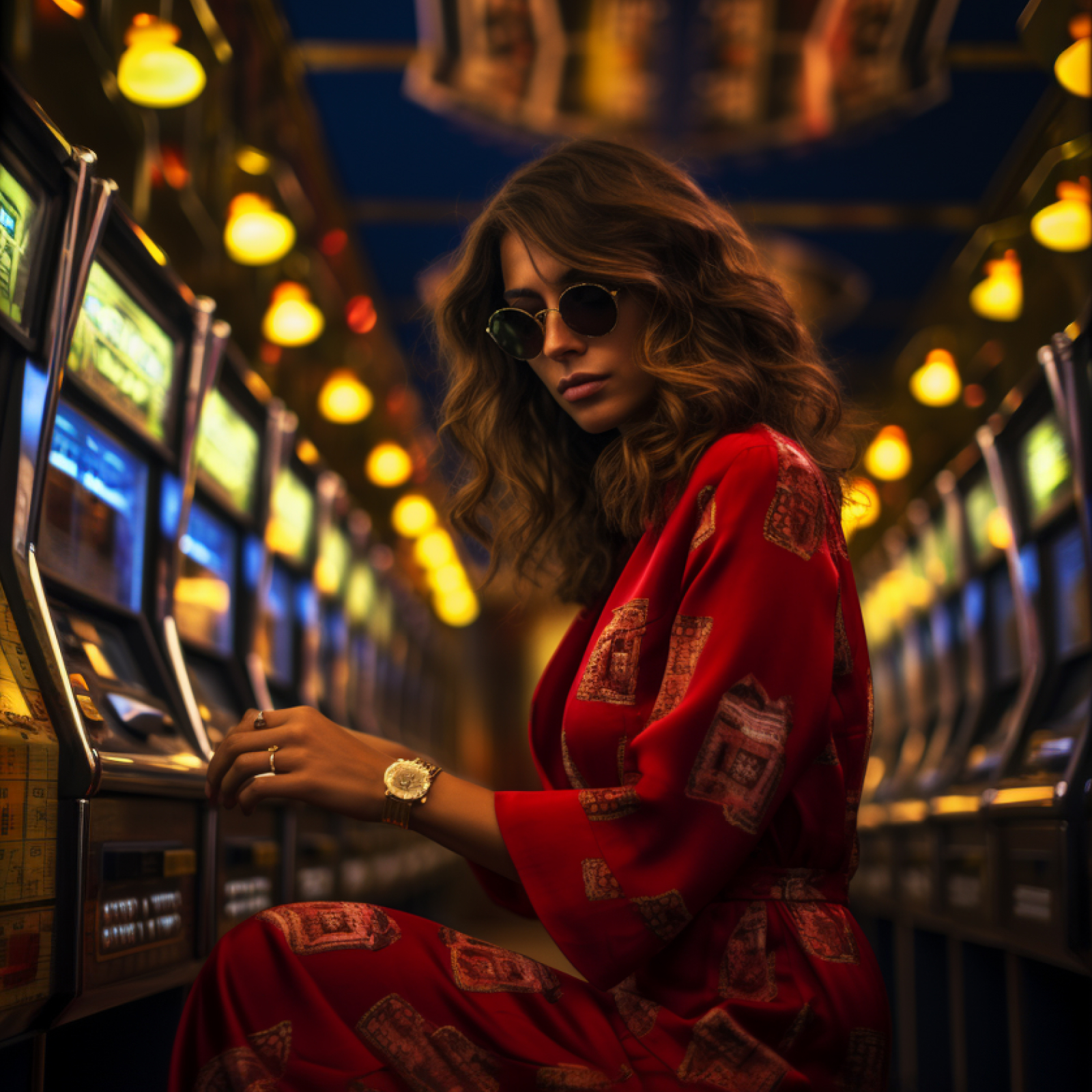 person wearing sunglasses in between two rows of slot machines