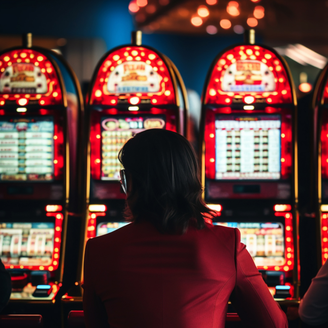 person at slot machines with back turned