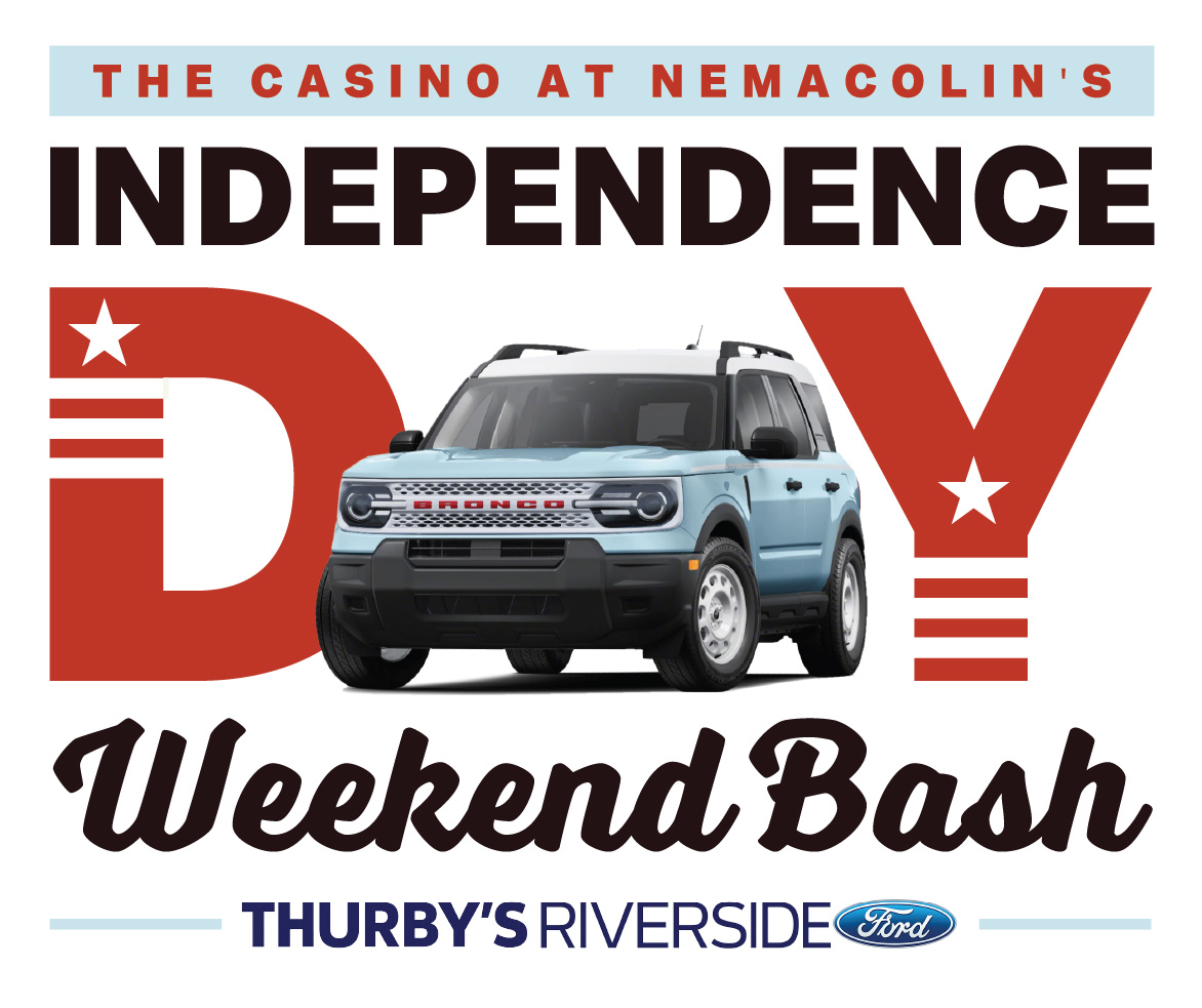 Graphic with text reading The Casino at Nemacolin Independence Day Weekend Bash Thurby's Riverside Ford with a photo of a Ford Bronco.