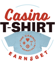 Graphic reads Casino T-shirt Earn & Get with an image of a light blue shirt.